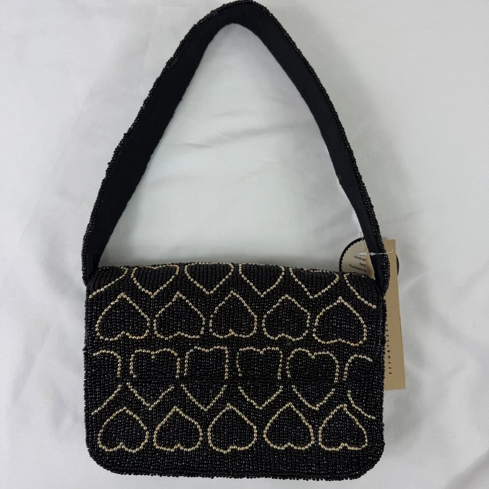 New Handcrafted Black Gold Beaded Heart Shoulder Bag Evening Purse‎ NWT